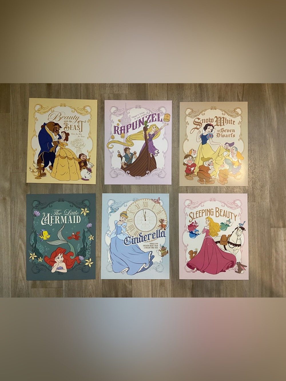 Disney Princess Set of 6 Art Prints Ariel, Belle, Cinderella, Rapunzel 8"x10"